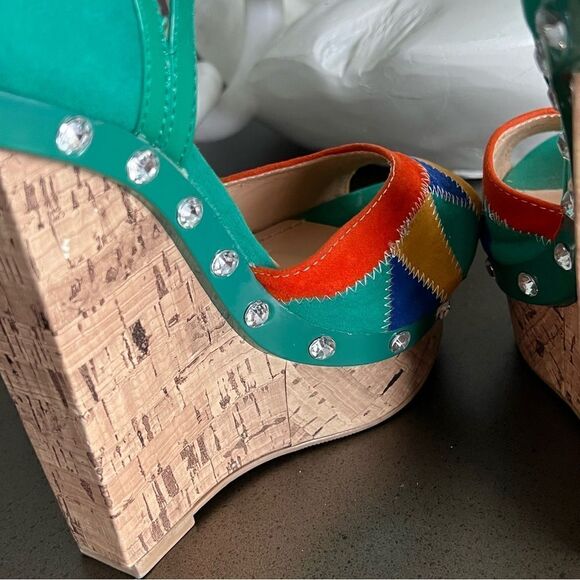 ALBA Peep Toe Platform Multicolor Patche Design Stitch Front Ankle Belt Size 7.5 - Picture 8 of 10